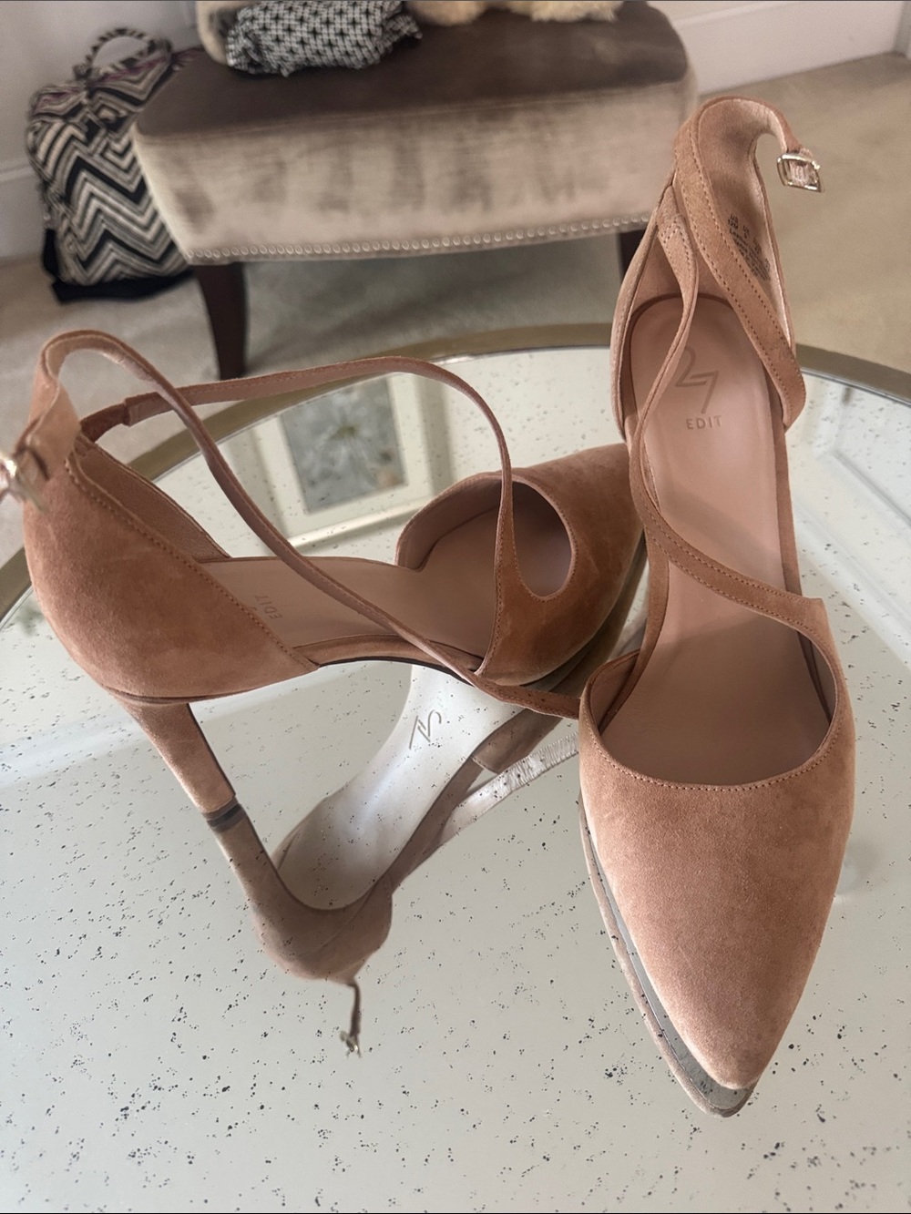 27 EDIT Suede Pointed-Toe Crisscross Ankle-Strap Pumps in Camel
